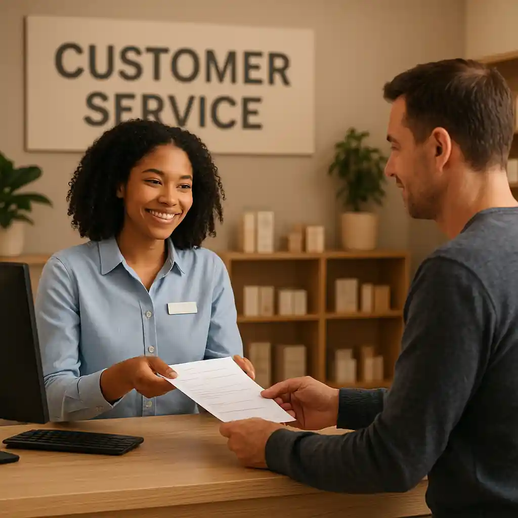 Customer service representative assisting with verification documents