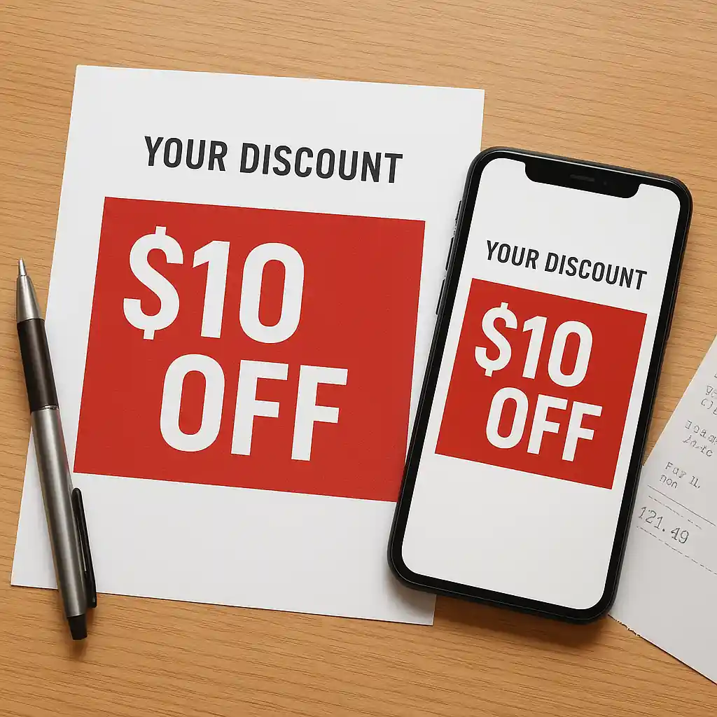 Printed confirmation and phone screenshot showing an applied promo discount next to a receipt