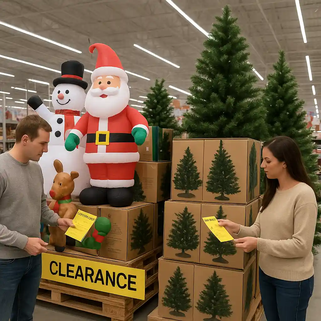Pallet of discounted Christmas trees and inflatables with visible clearance stickers