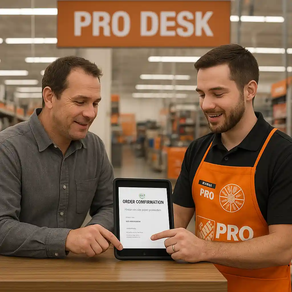Customer and Home Depot associate reviewing a special-order confirmation on a tablet