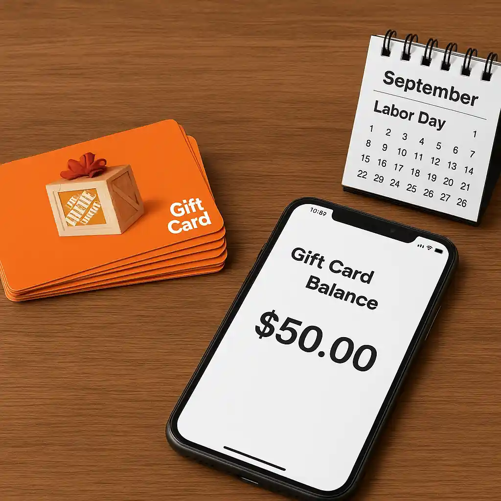 Physical Home Depot gift cards next to a phone displaying card balance with a Labor Day calendar reminder