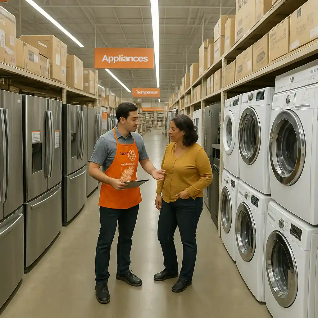 Sales associate helping a customer choose an appliance inside a Home Depot store