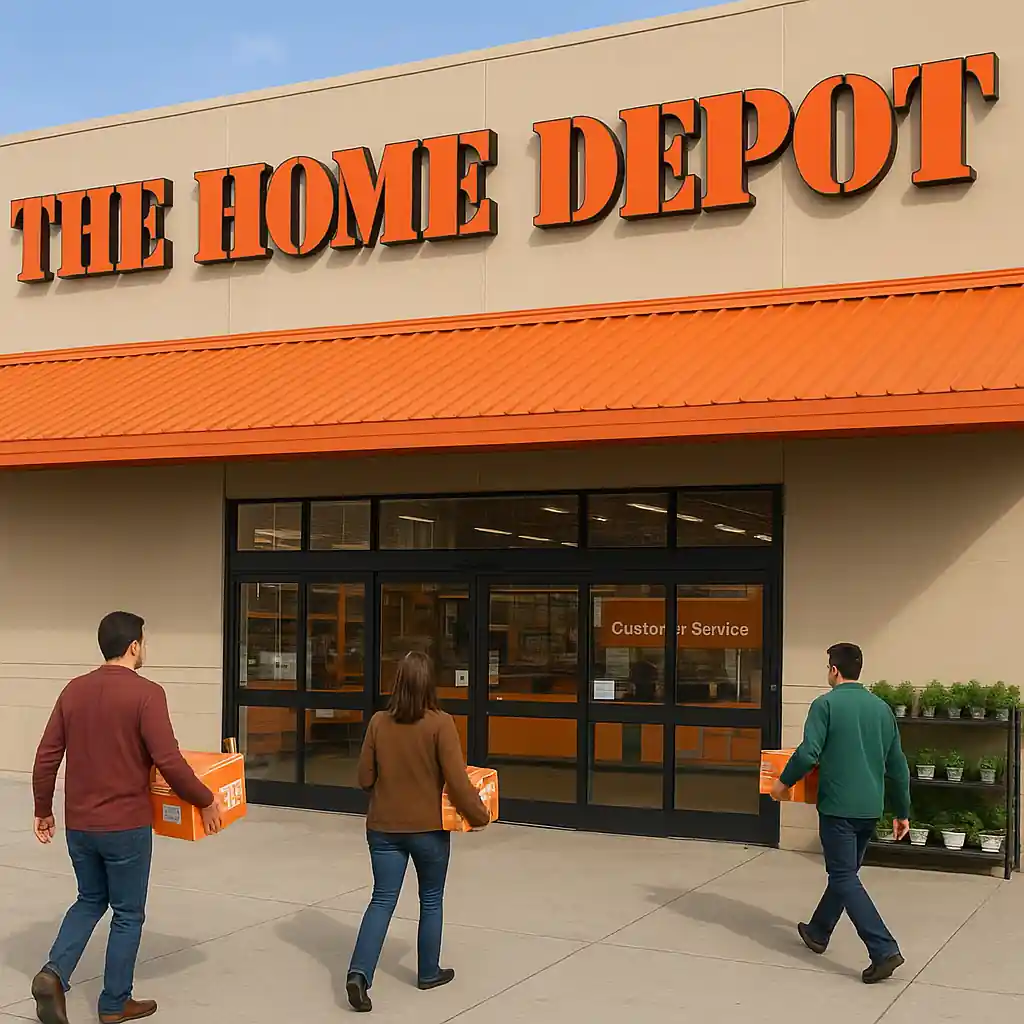 Home improvement store entrance with shoppers and a customer service desk visible inside
