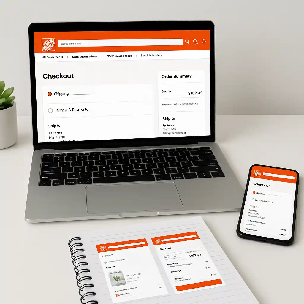 Laptop displaying Home Depot checkout page alongside a smartphone and printed screenshots used as evidence