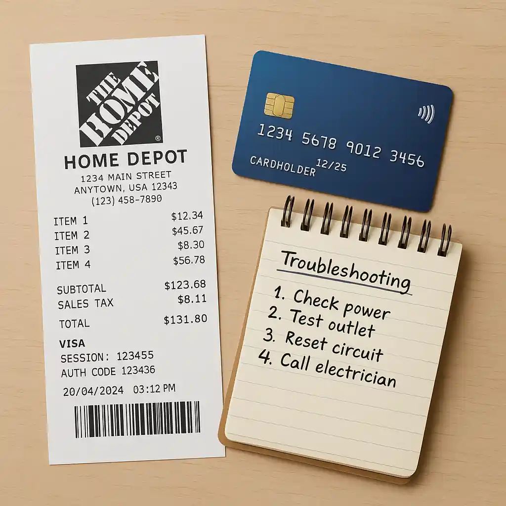 Printed receipt, credit card, and notes listing checkout troubleshooting steps