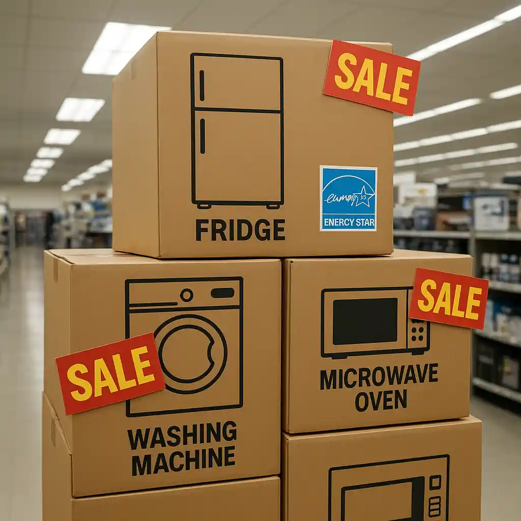 Appliance boxes with sale tags and ENERGY STAR label stacked in a store aisle