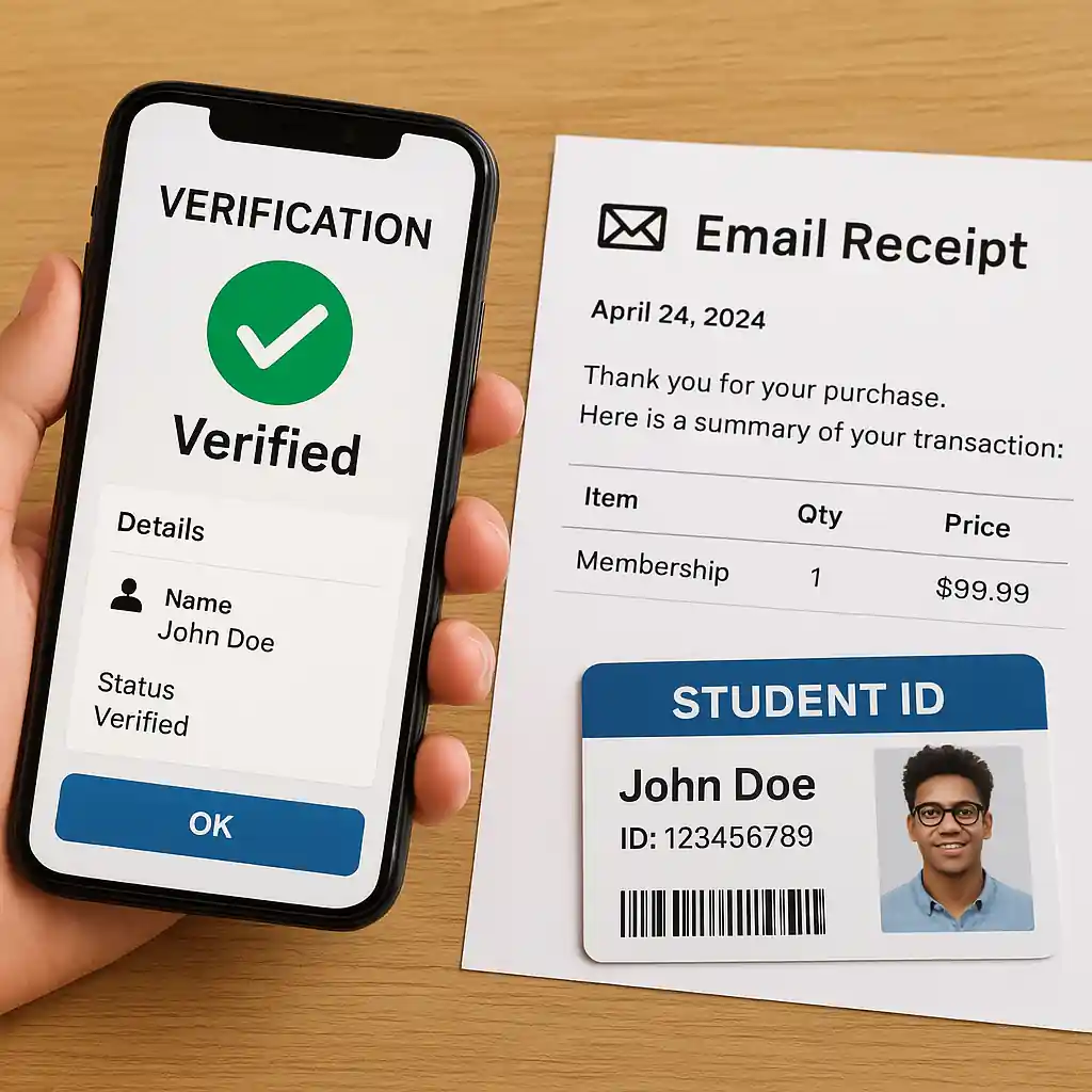 Smartphone showing verification dashboard beside printed student ID and email receipt