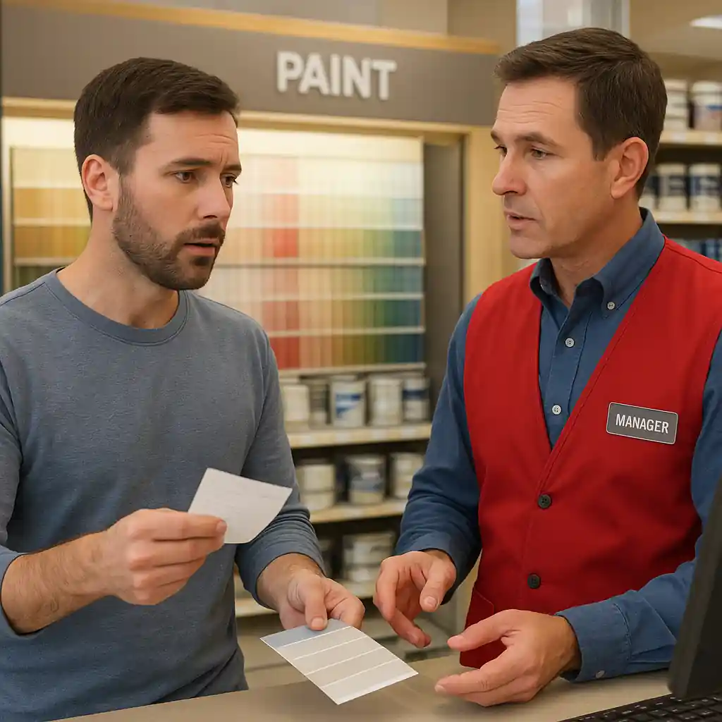 Customer holding a receipt and paint sample while discussing final price with a paint desk associate