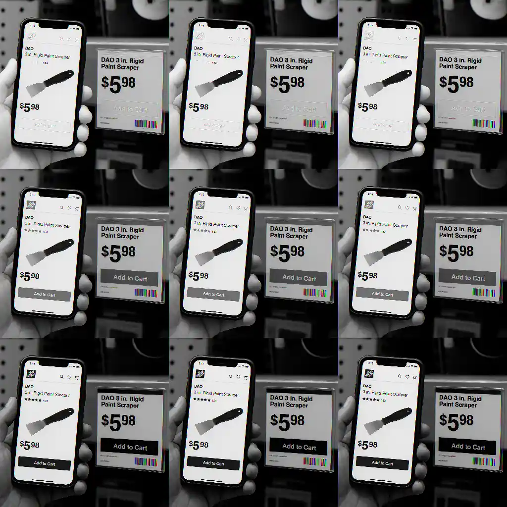 Phone showing a Home Depot product page with price compared to a shelf tag
