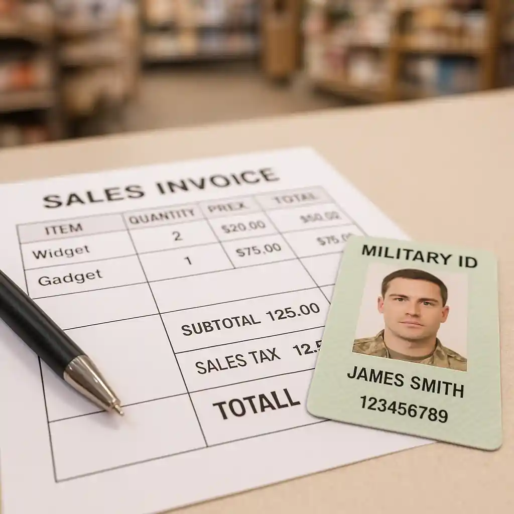 Printed sales invoice beside a military ID card on a store counter, indicating verification and written confirmation