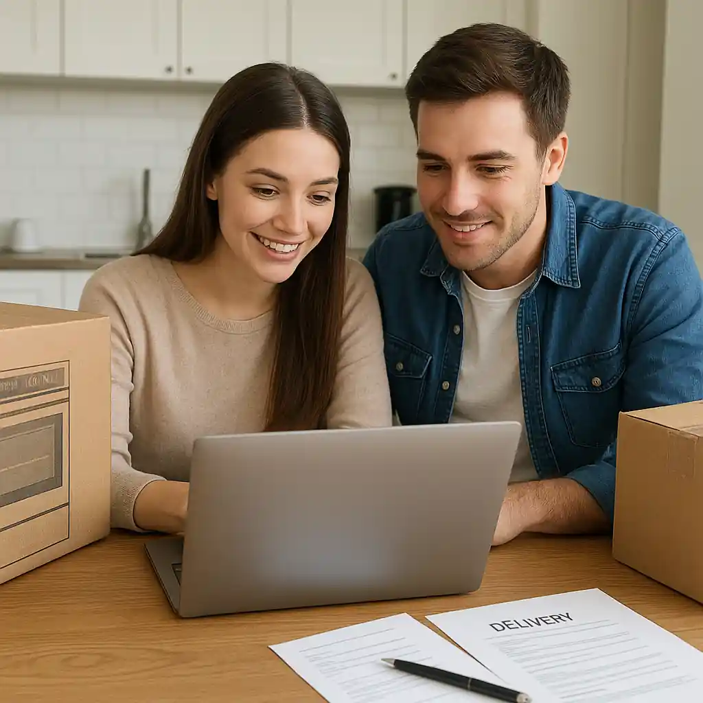 Couple comparing appliance specs and delivery options on a laptop at home