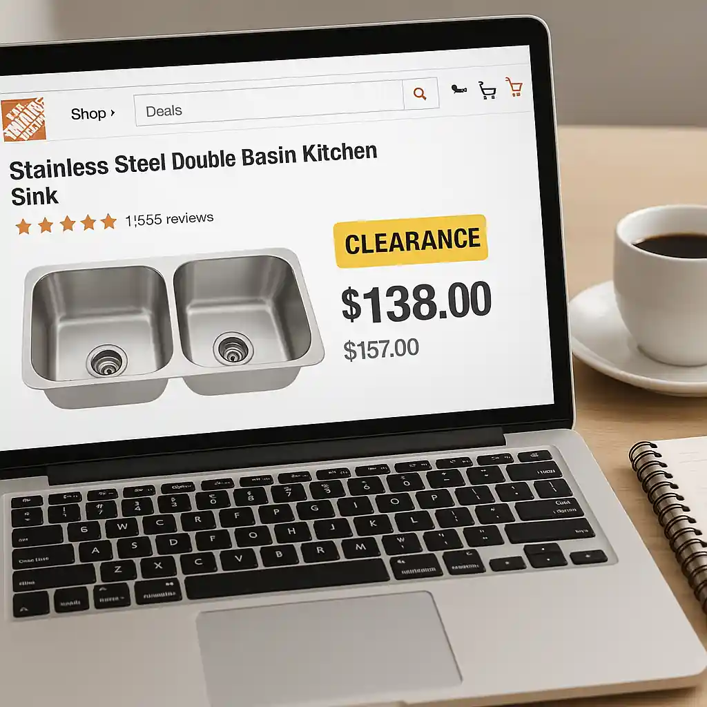 Laptop open to a Home Depot product page showing a clearance price tag next to a notepad and coffee cup