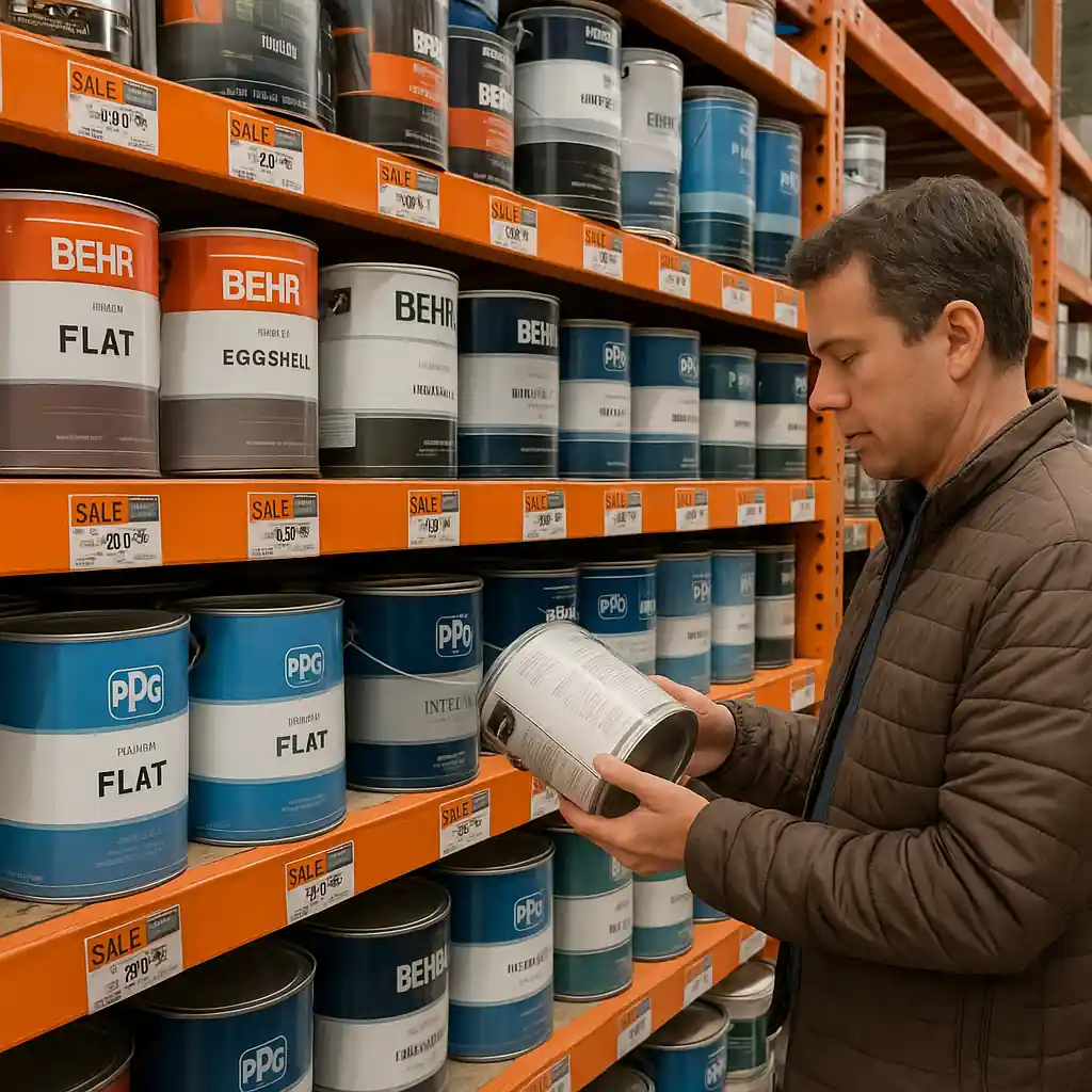 Shopper reading a sale shelf tag in the Home Depot paint aisle