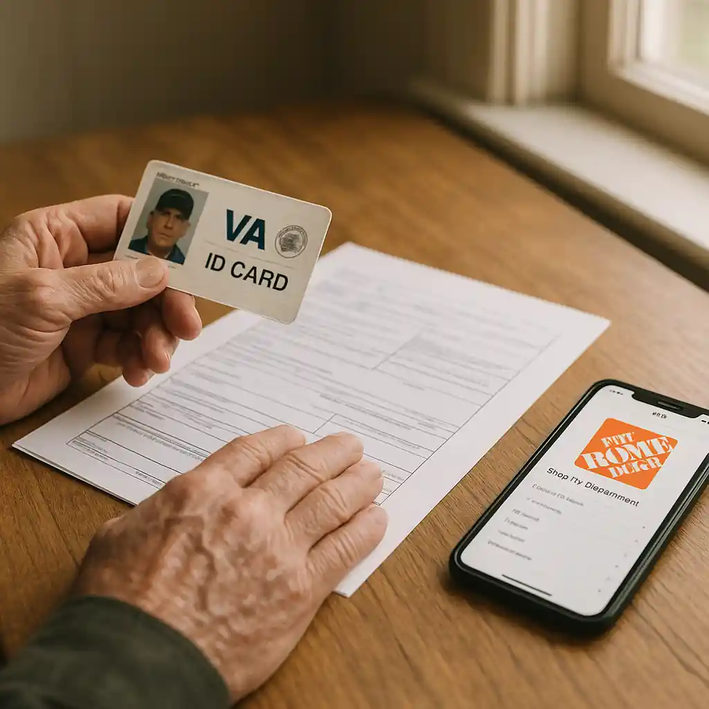 Veteran organizing VA ID and DD214 on a table with a smartphone showing verification steps