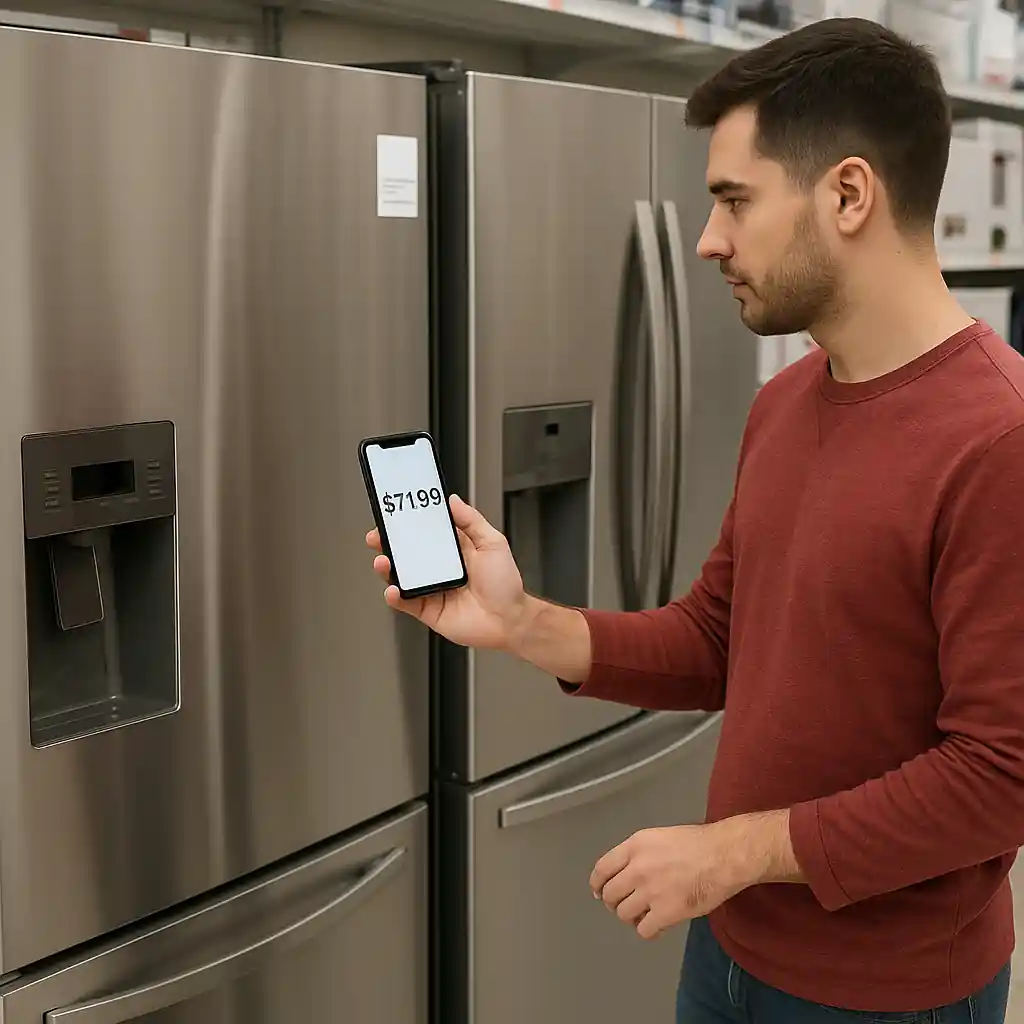 Shopper comparing refrigerators in-store with smartphone price details