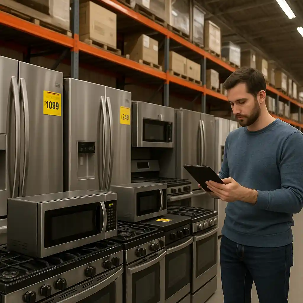 Shopper comparing refrigerator price tags and model details on a tablet in an appliance aisle