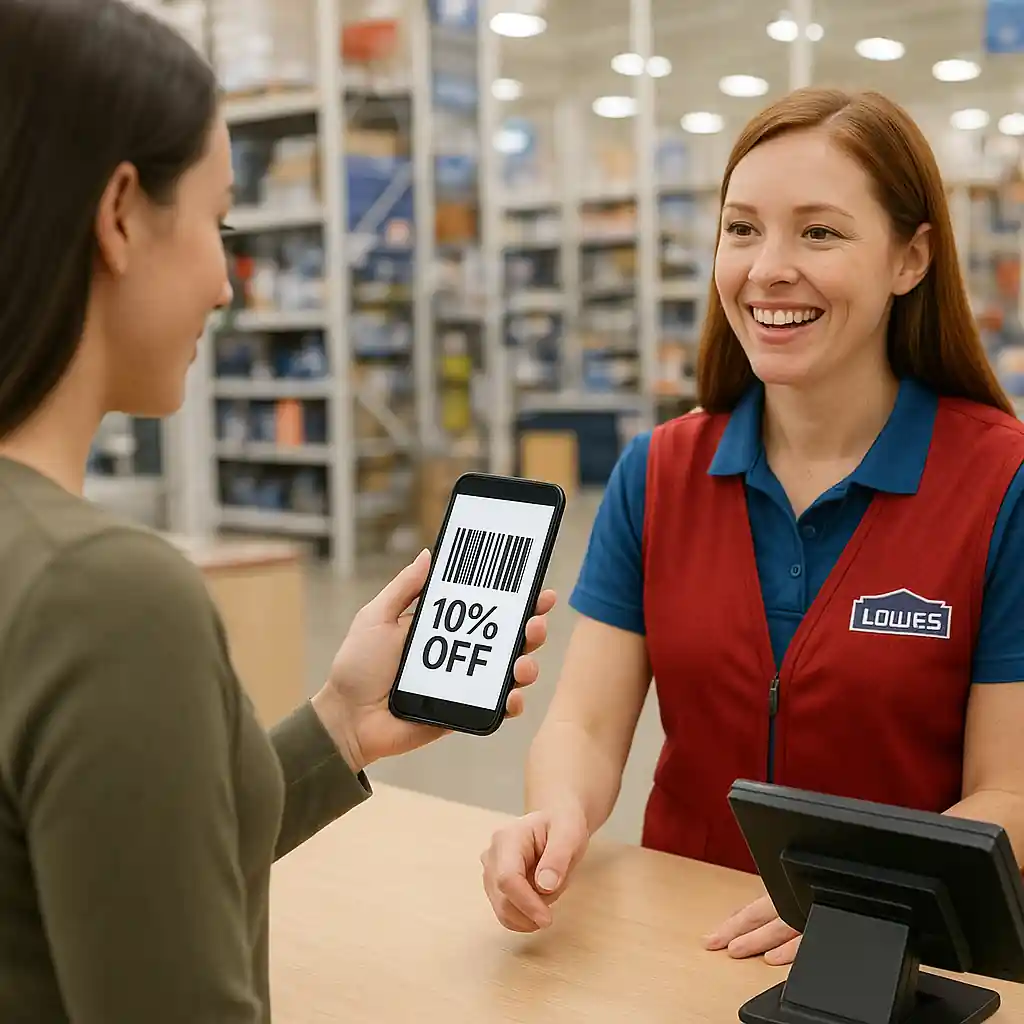 Customer displays a coupon barcode on a smartphone to a Lowe's cashier