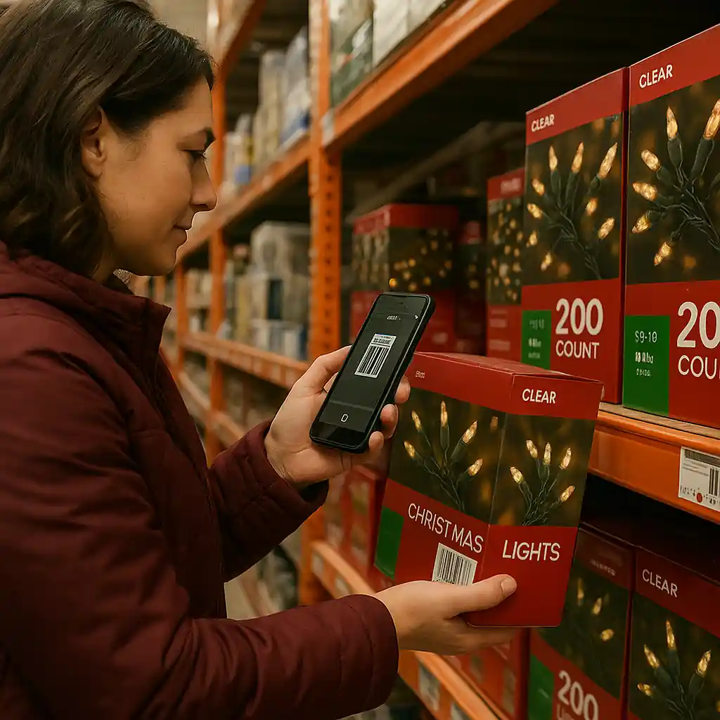 Customer using phone to scan barcode of Christmas string lights in a Home Depot aisle