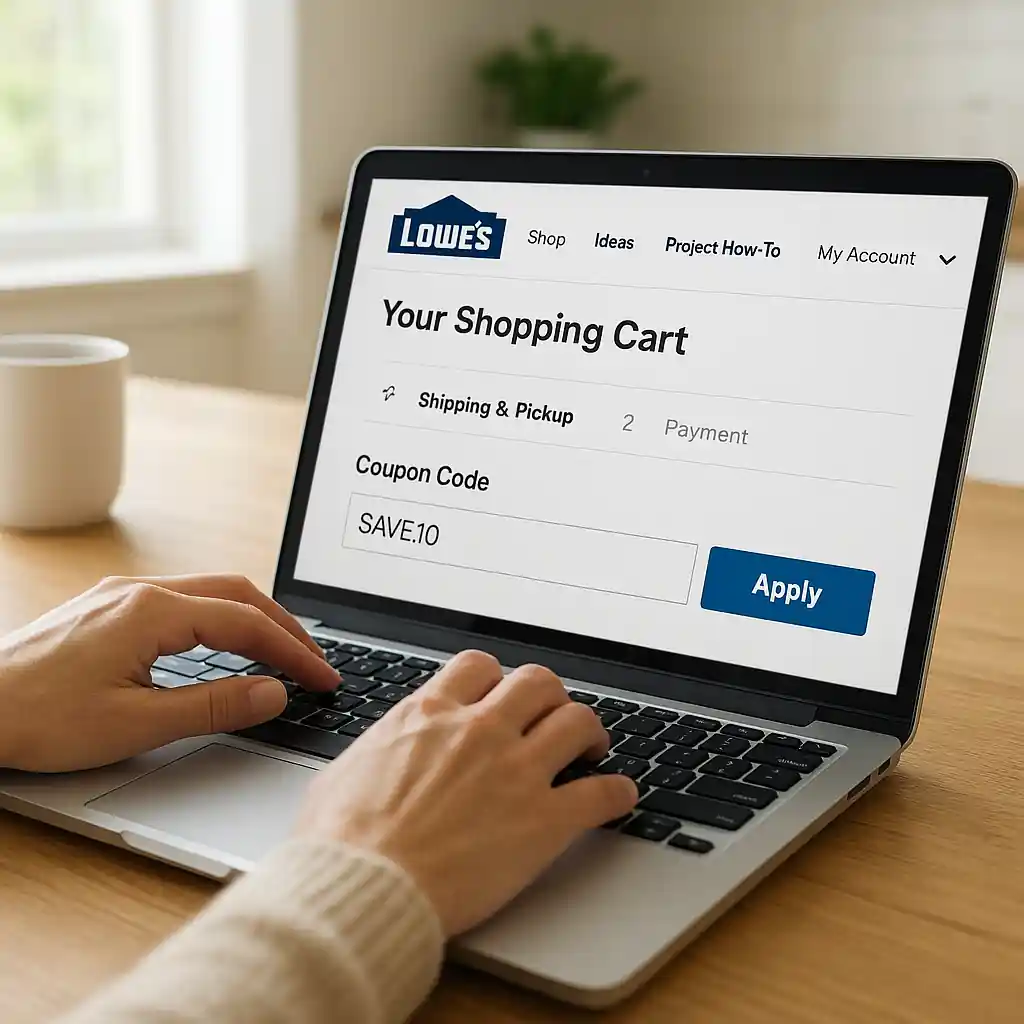Person entering a coupon code on Lowe's checkout page on a laptop at a table