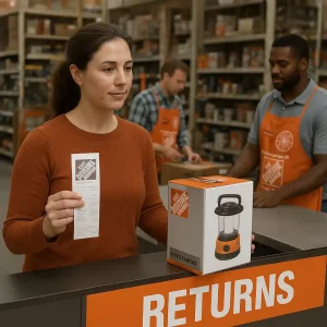 Customer handing a printed receipt to a Home Depot returns associate at the store counter