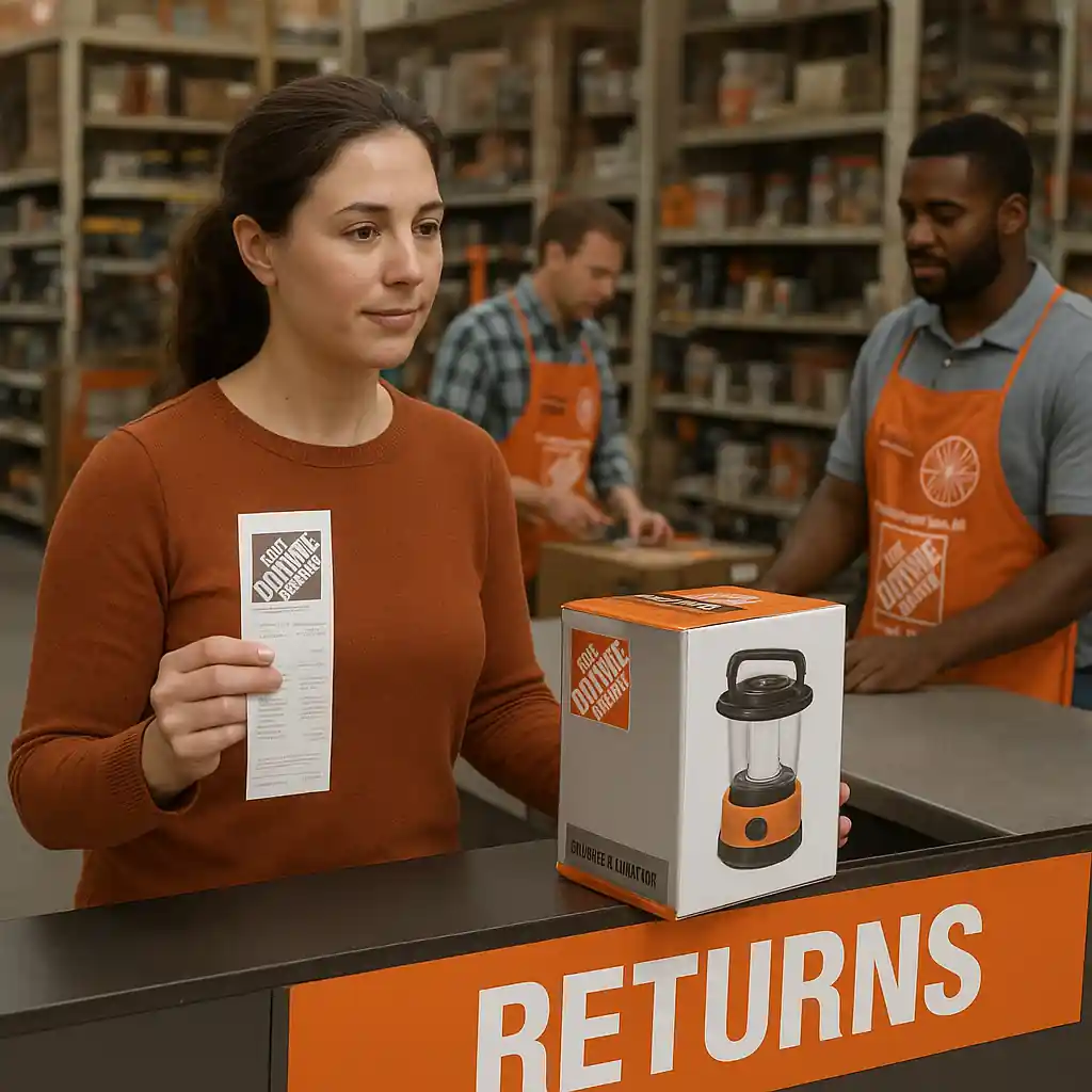 Customer handing a printed receipt to a Home Depot returns associate at the store counter