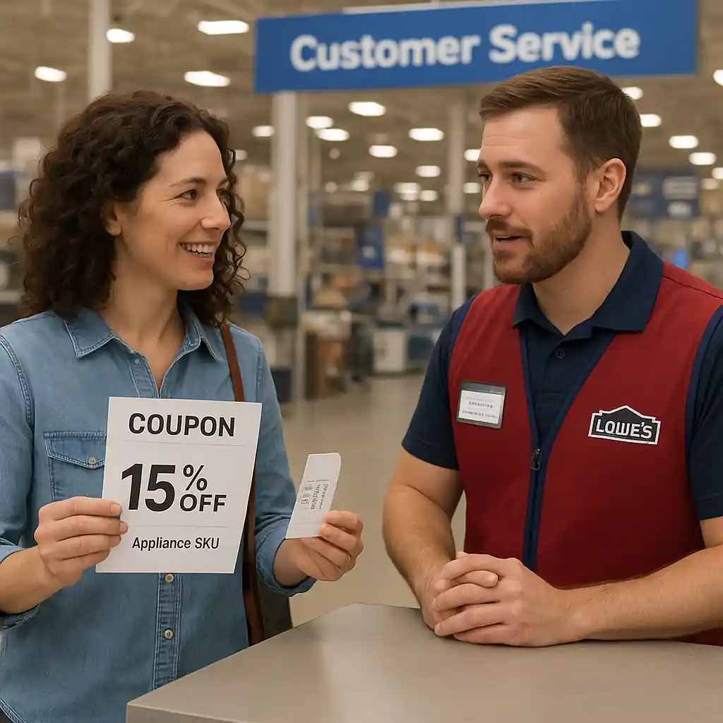 Customer showing a printed coupon and an appliance SKU tag to a Lowe's service desk representative