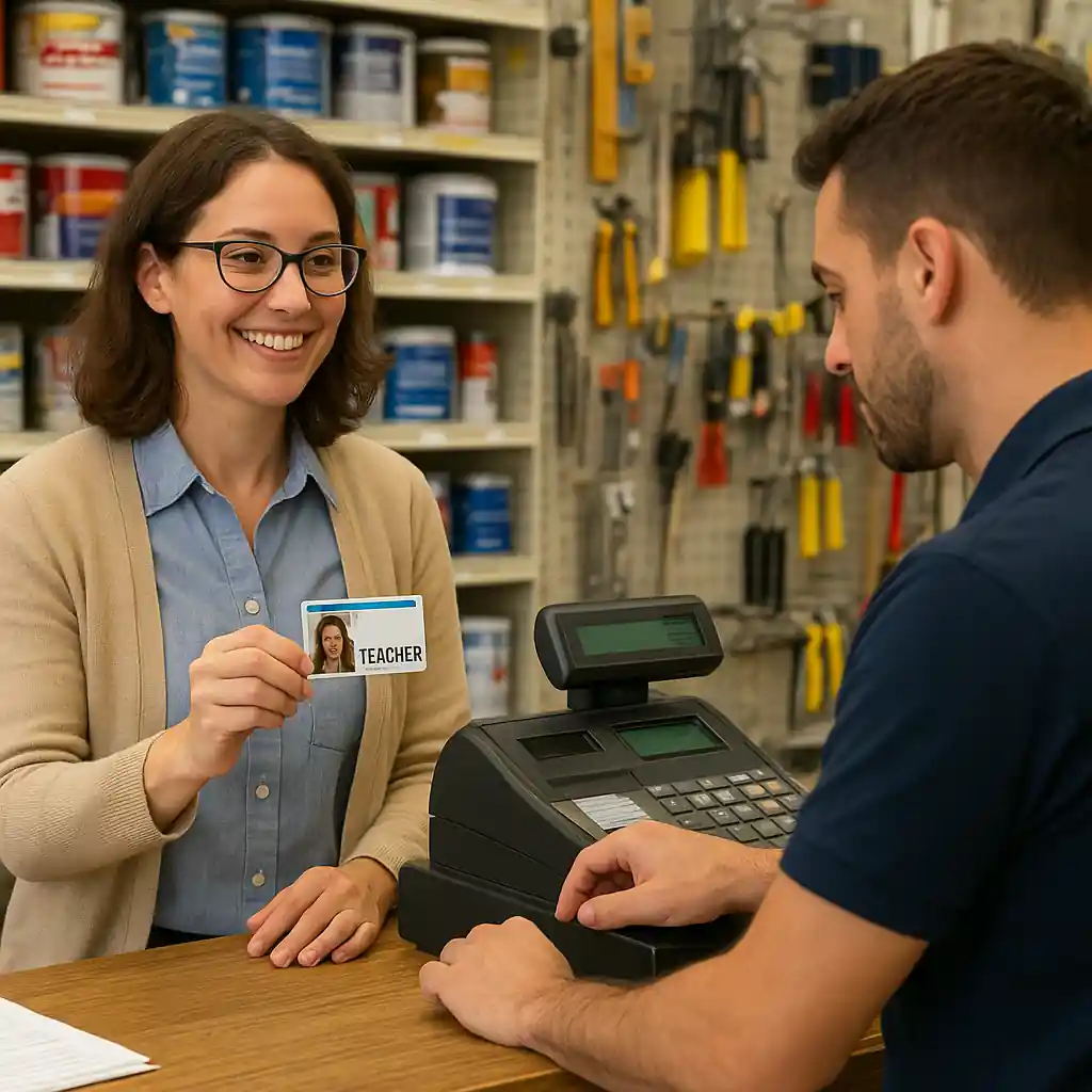 Teacher showing ID at Home Depot register while cashier checks discount eligibility