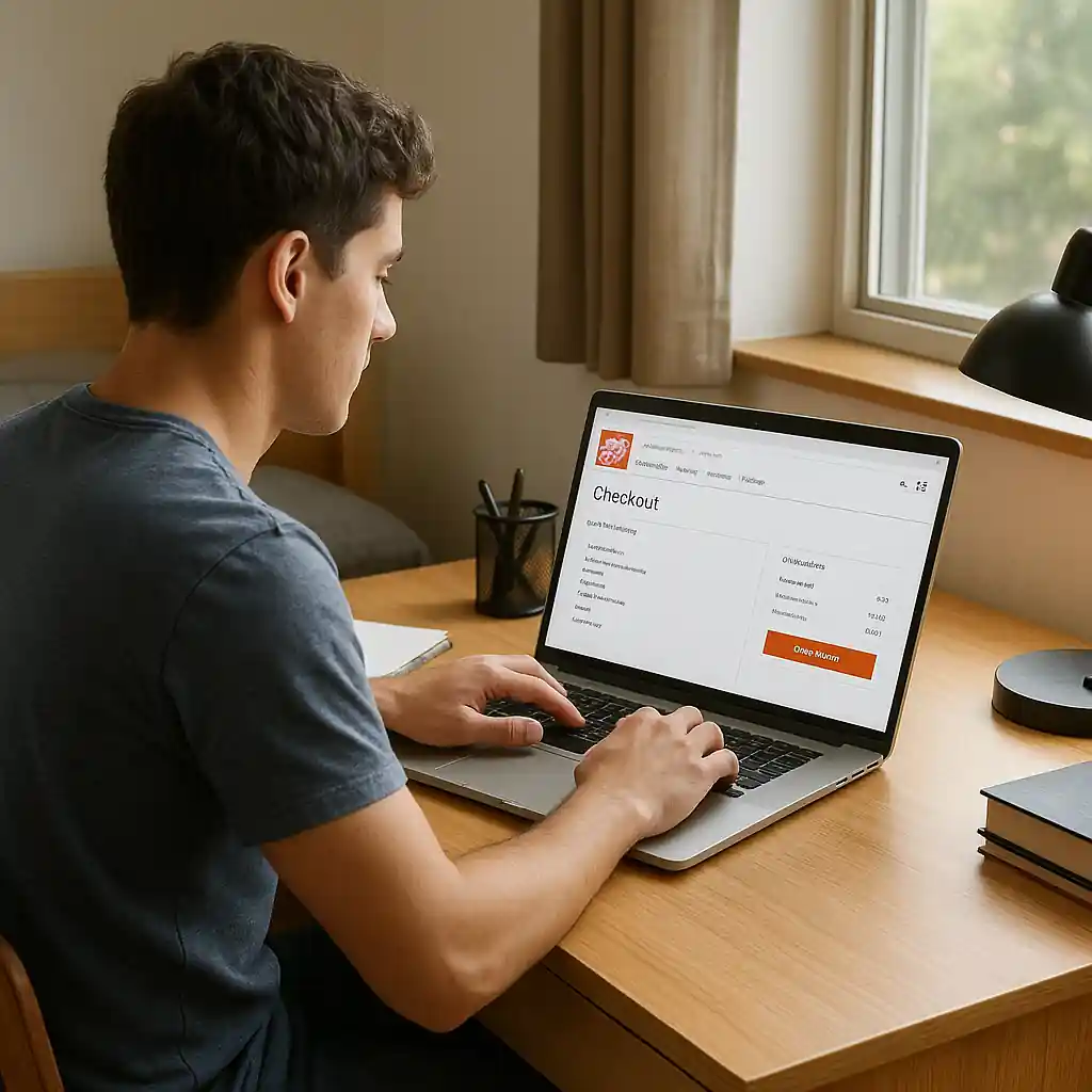 Student at a desk checking Home Depot online checkout on a laptop