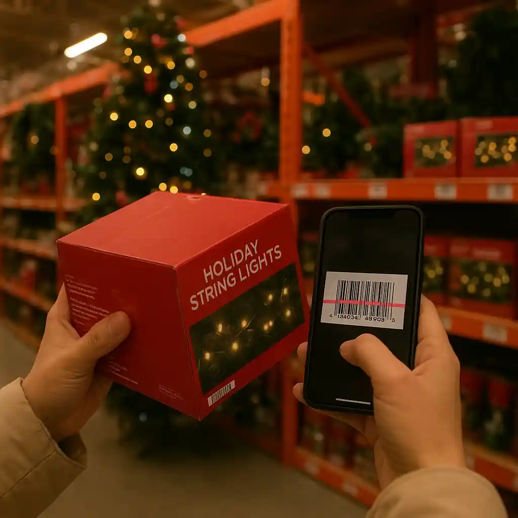 Shopper scanning barcode of holiday lights in store to check Home Depot clearance price