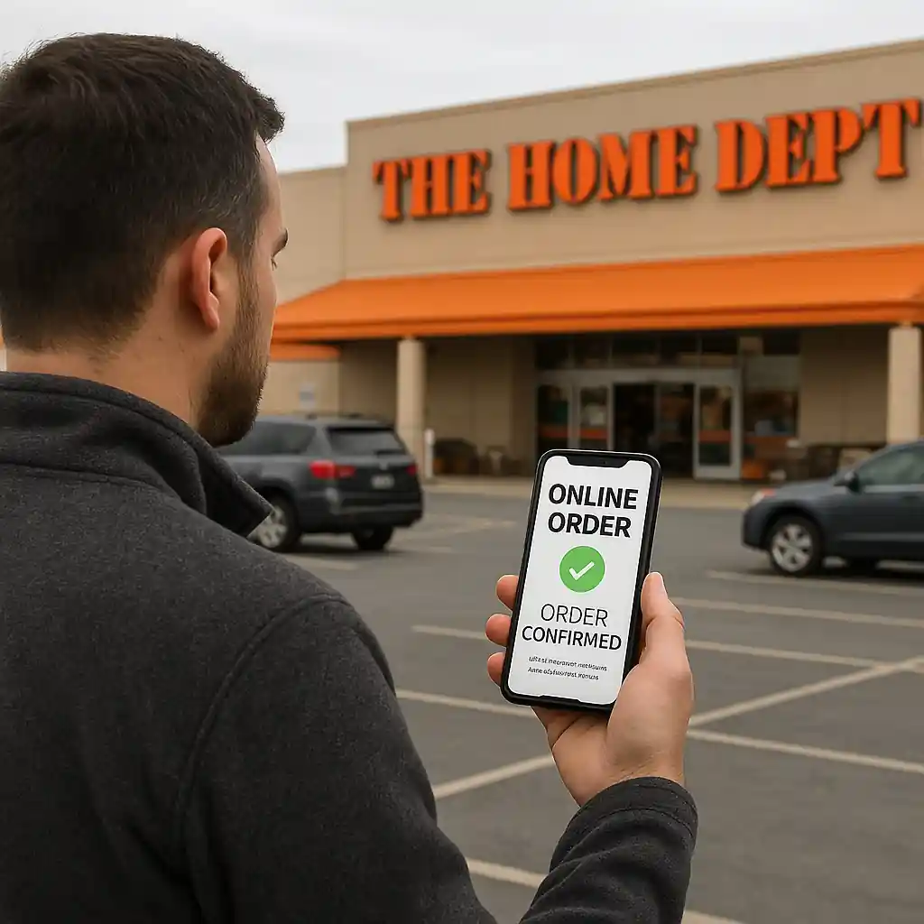 Customer checking an online order confirmation on a smartphone outside a Home Depot store