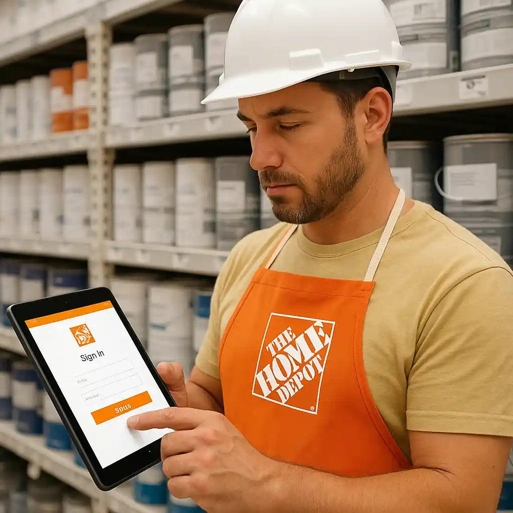 Contractor using tablet in a hardware store aisle with stacked paint cans
