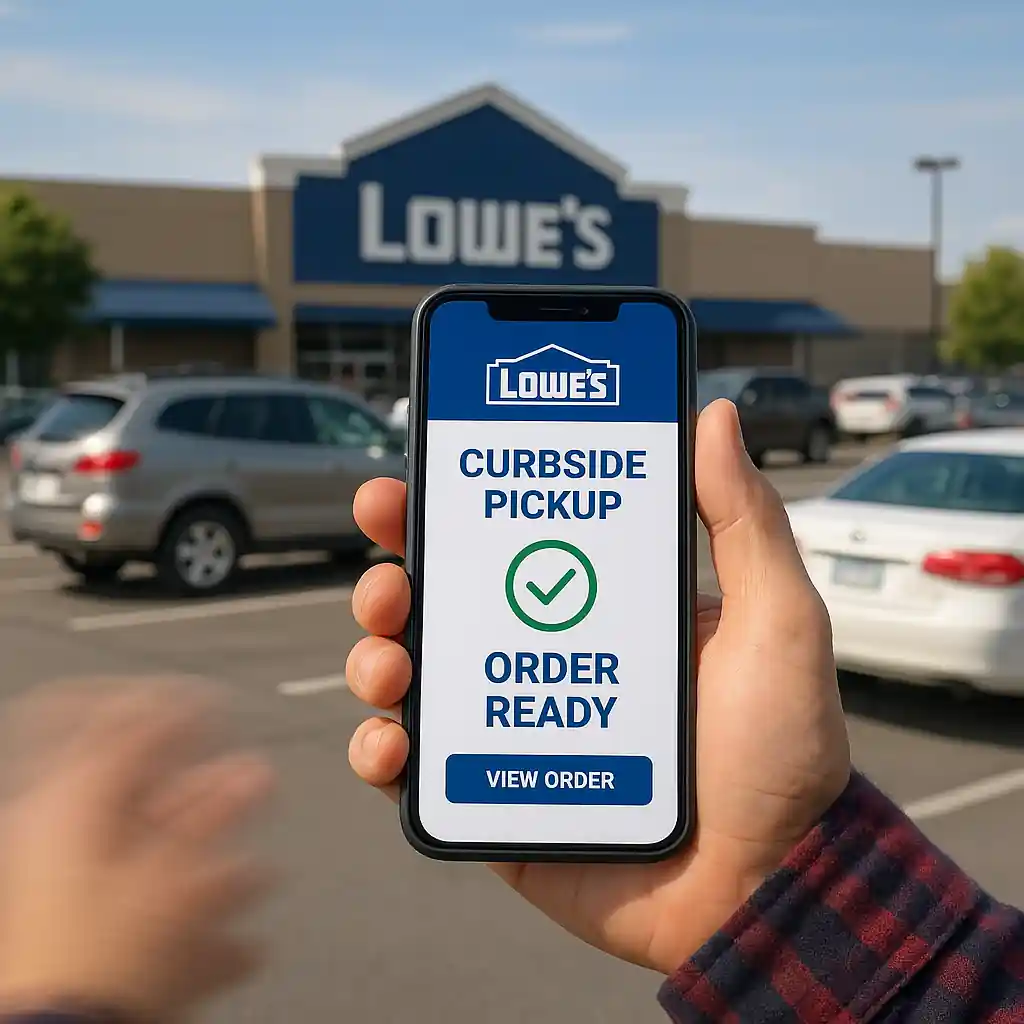 Shopper holding phone with Lowe's pickup confirmation in a parking lot