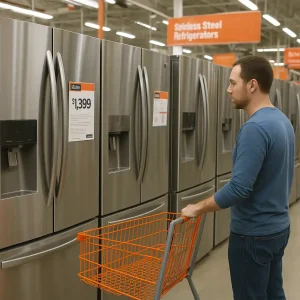 Shopper comparing stainless steel refrigerators in a Home Depot aisle with price tags visible