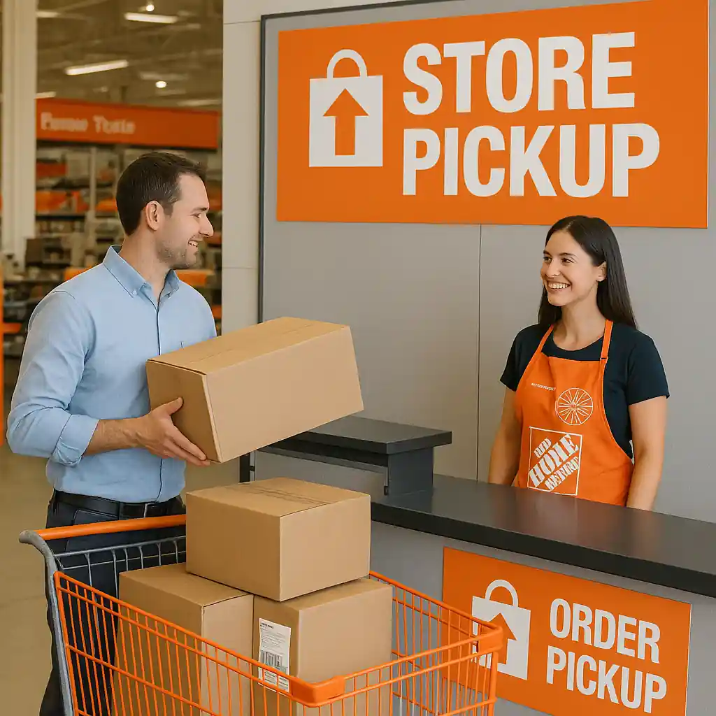 Customer collecting Home Depot online order at store pickup counter with staff and boxes