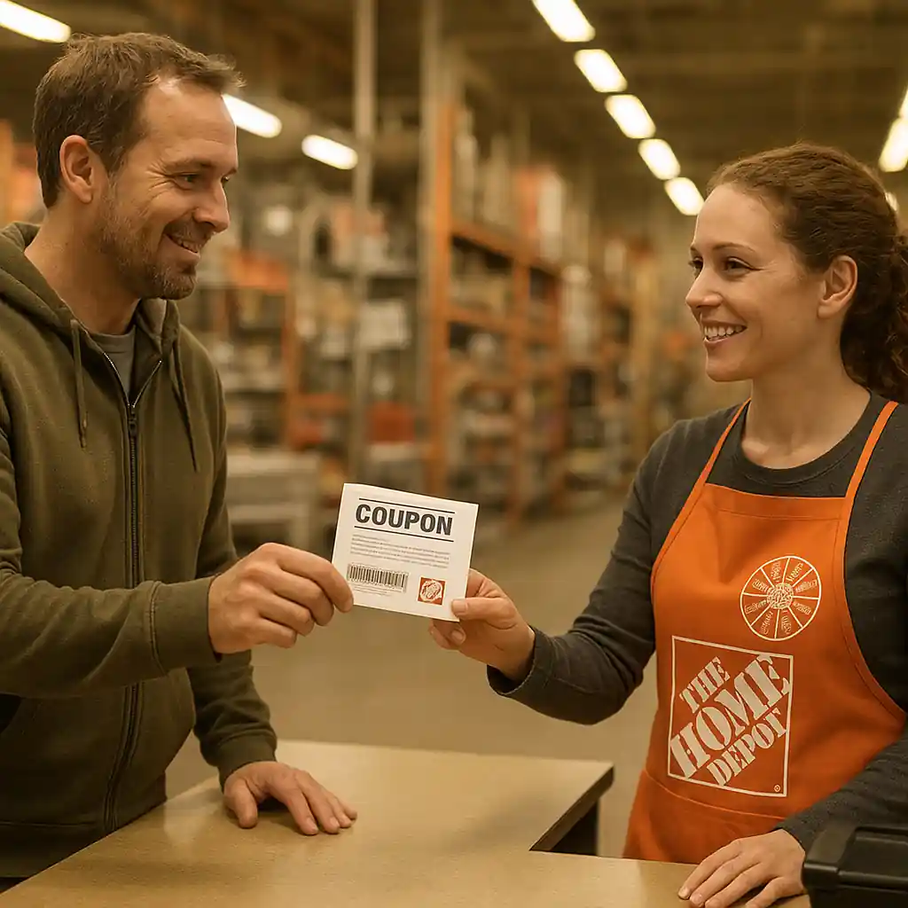 Customer presenting a printed coupon to a Home Depot cashier at the service desk