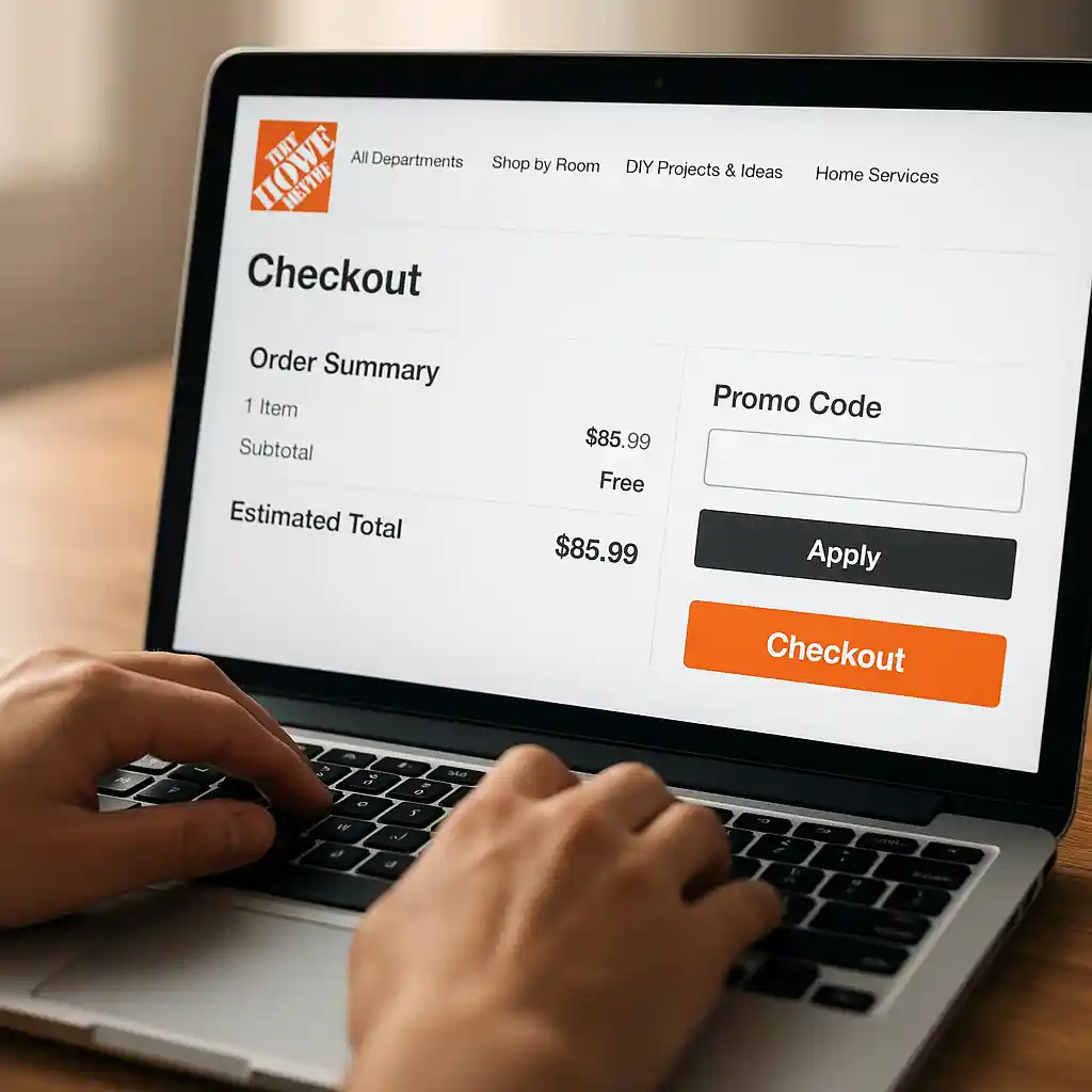 Laptop showing Home Depot online checkout with promo code field visible and order summary