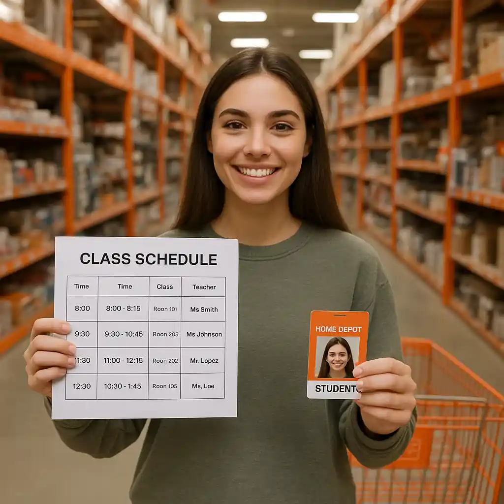 Student showing class schedule and photo ID inside a Home Depot store near checkout