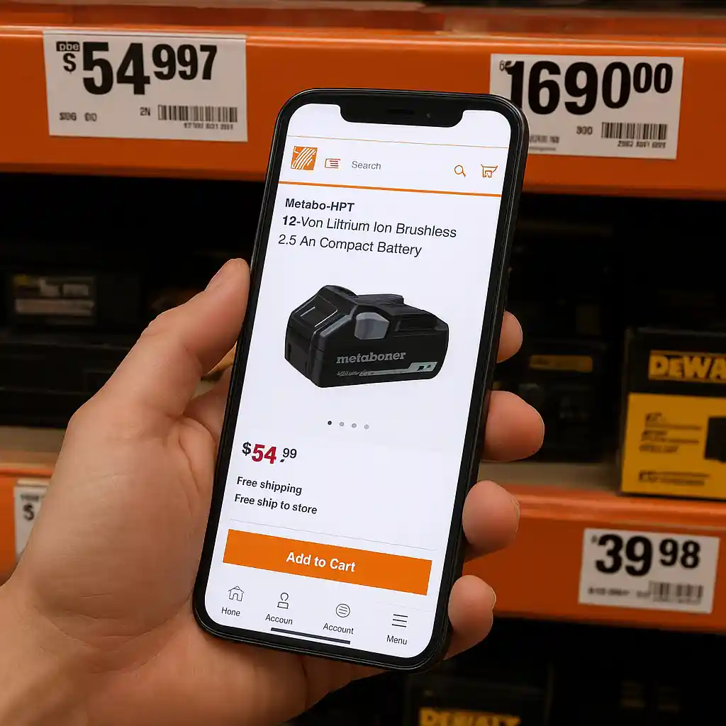 Shopper viewing a product page on a smartphone inside a Home Depot aisle, barcode and shelf tag visible