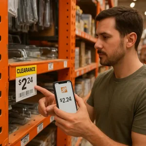Shopper pointing to a Home Depot clearance shelf tag and scanning barcode with phone