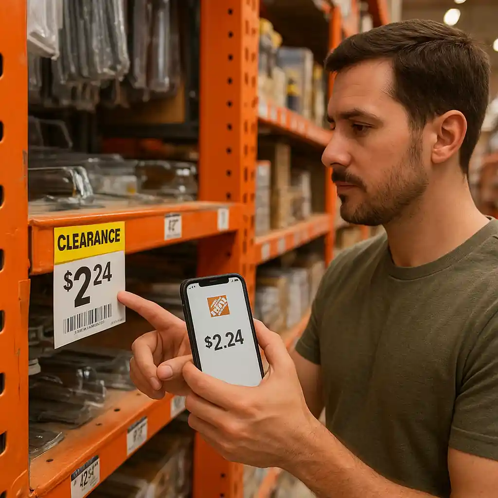 Shopper pointing to a Home Depot clearance shelf tag and scanning barcode with phone