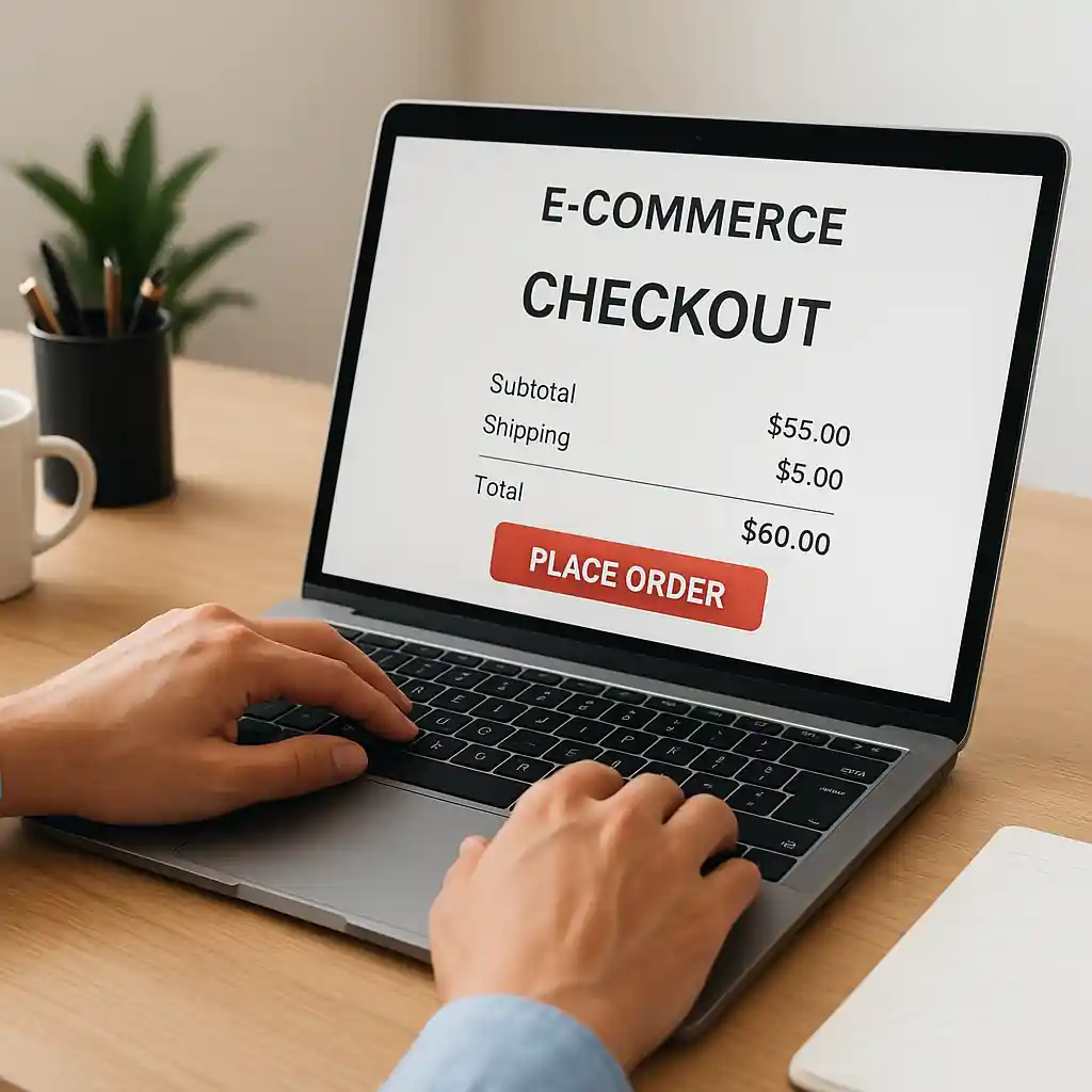 Person entering checkout details on a laptop with order summary visible