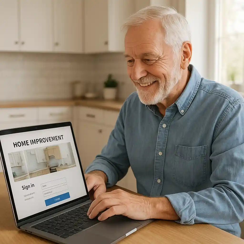 Older adult signing into an account on a laptop at a kitchen table