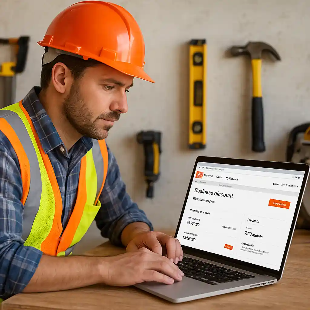 Contractor signed into a Home Depot Pro Xtra account on a laptop at a jobsite desk
