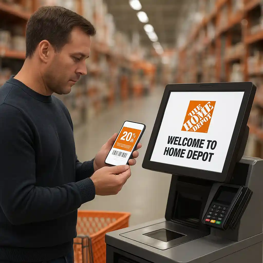 Shopper checking coupon terms on phone at hardware store kiosk