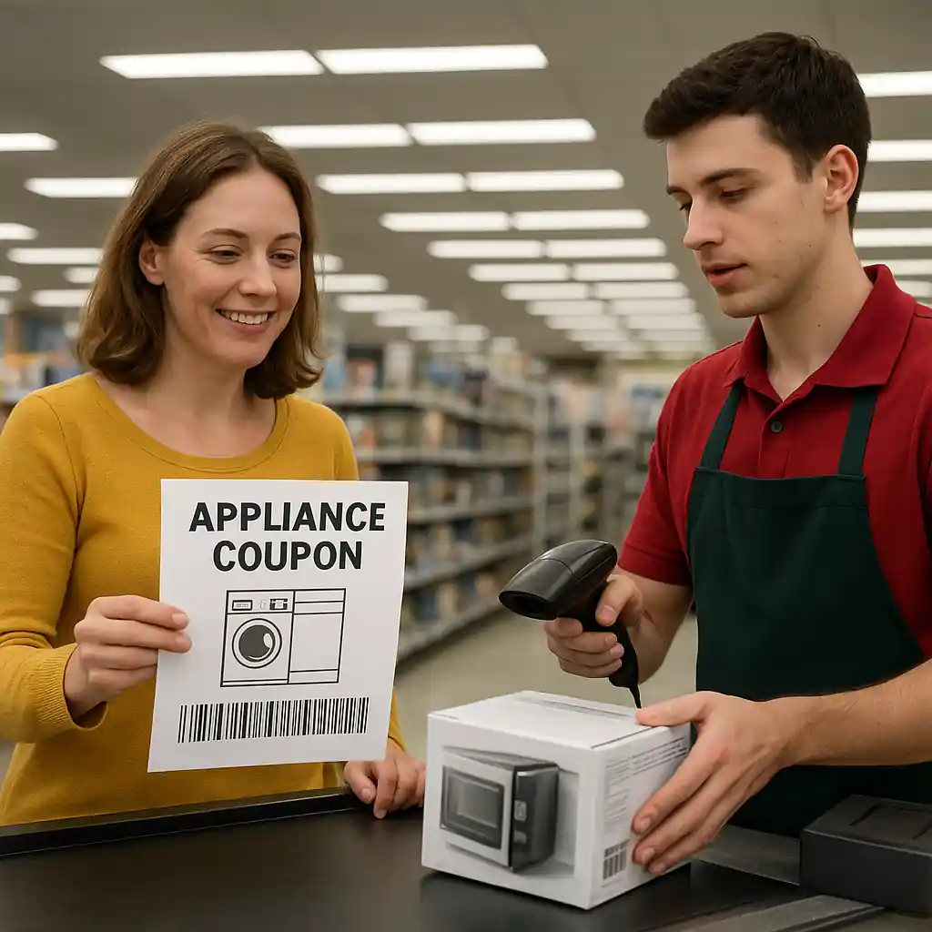 Customer presenting an appliance coupon at a Lowe's checkout counter as cashier scans an appliance