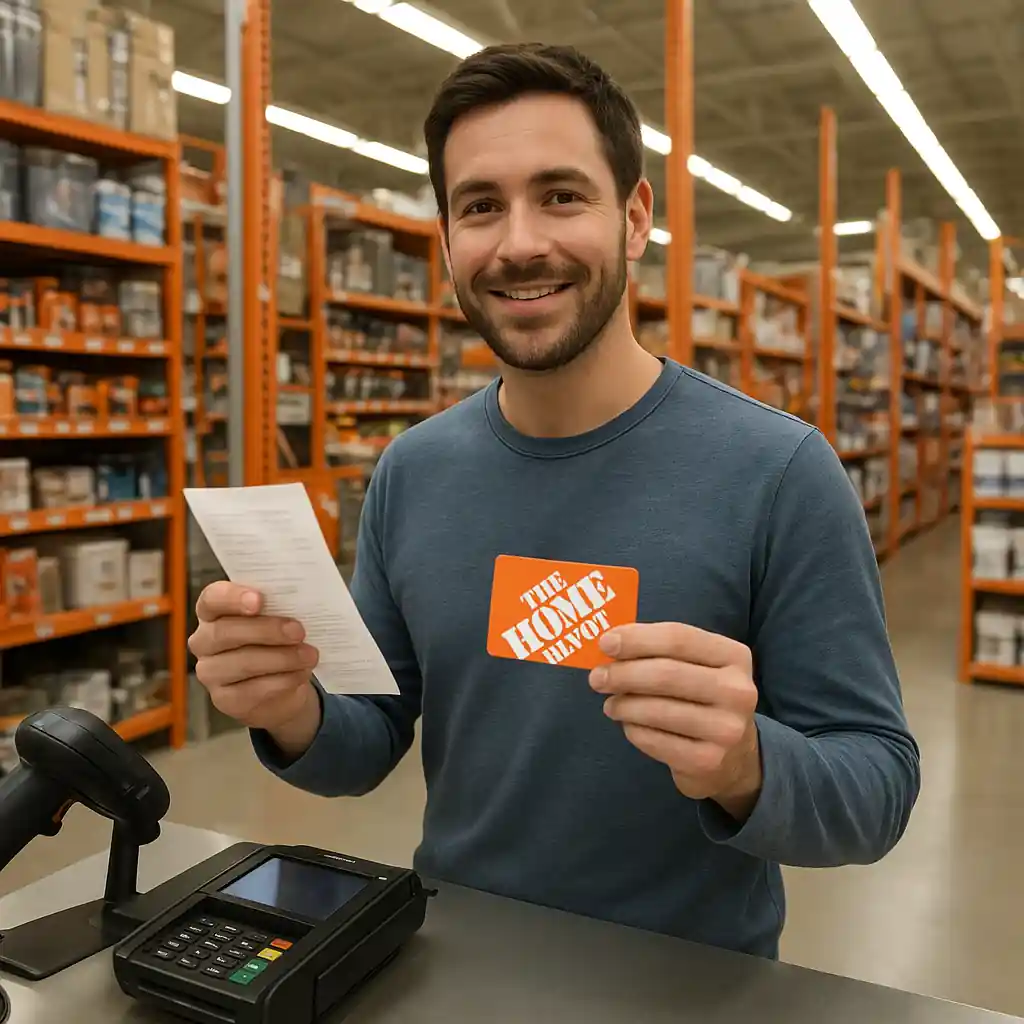 Shopper at Home Depot checkout holding a receipt and gift card