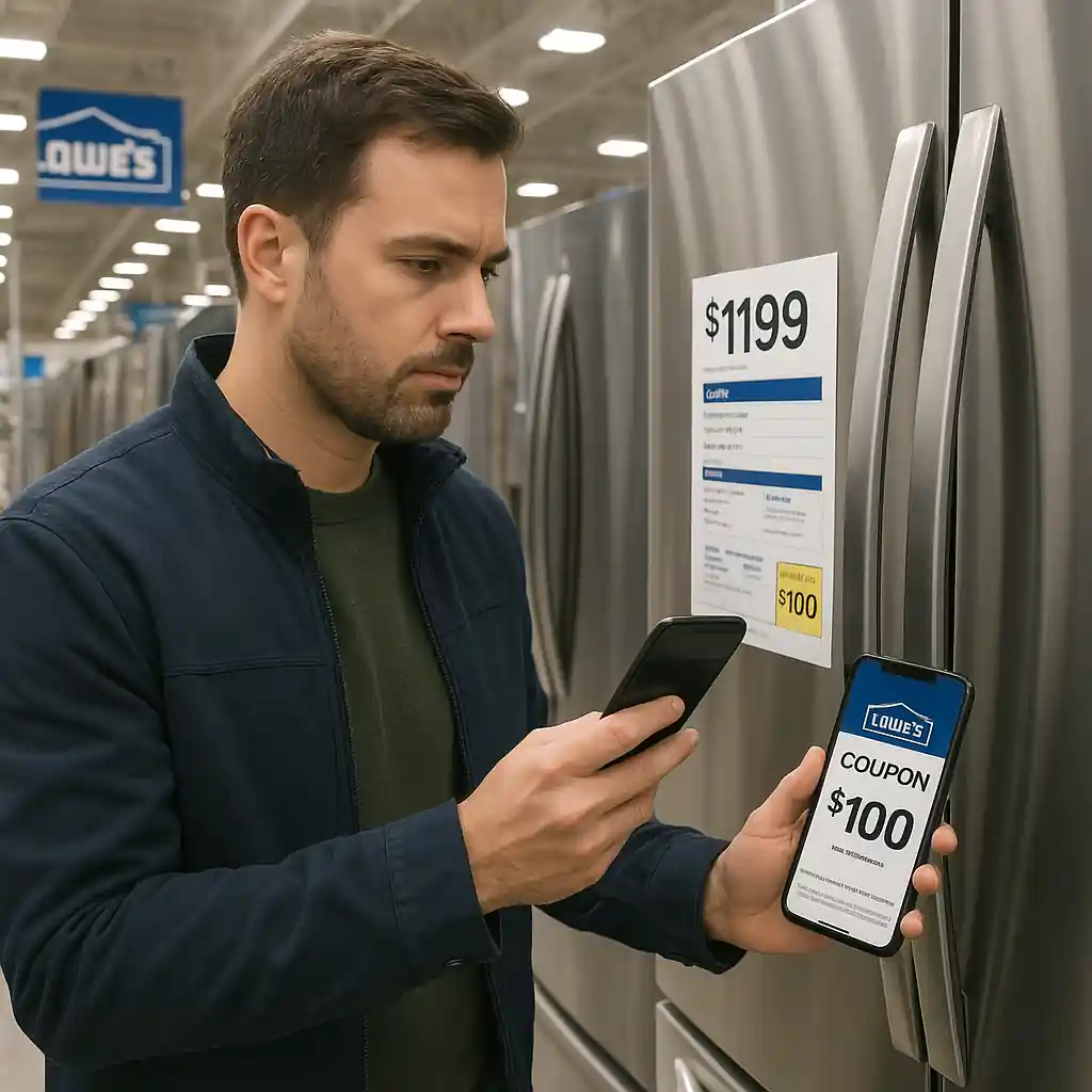 Shopper checking refrigerator SKU and coupon details on a smartphone in an appliance aisle