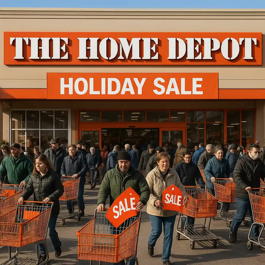 Customers shopping outside a Home Depot store during a holiday sale morning