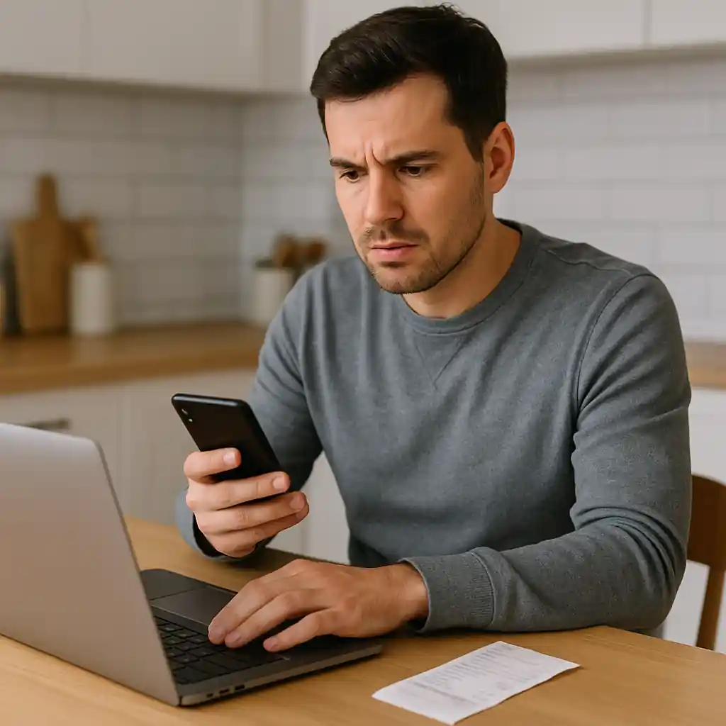 Person troubleshooting online checkout on a laptop with smartphone and receipt nearby