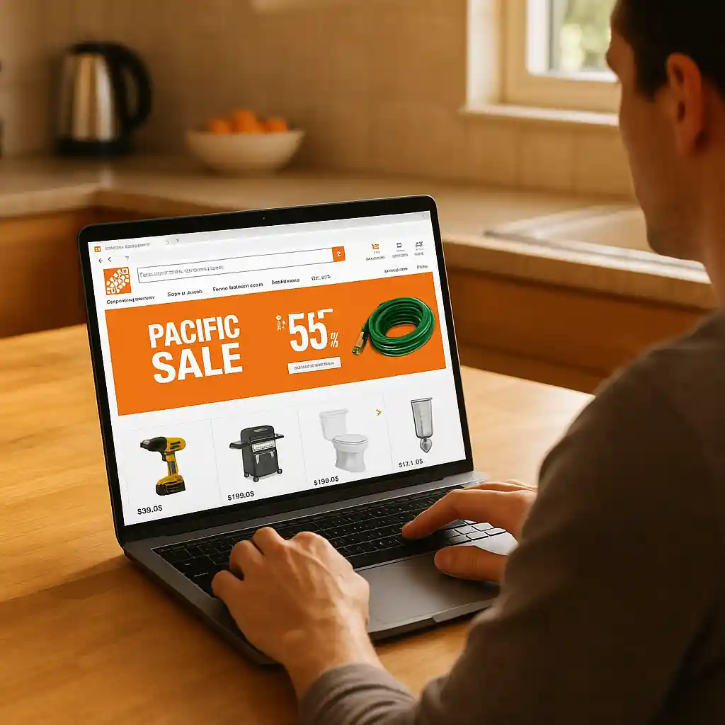 Shopper using a laptop at home to compare Home Depot offers on a product page